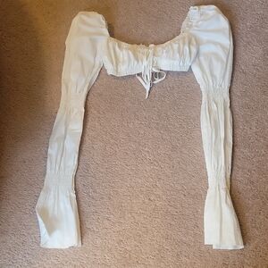 White Puff Sleeve Crop Top with Smocked Cuffs Extra Long Leeve